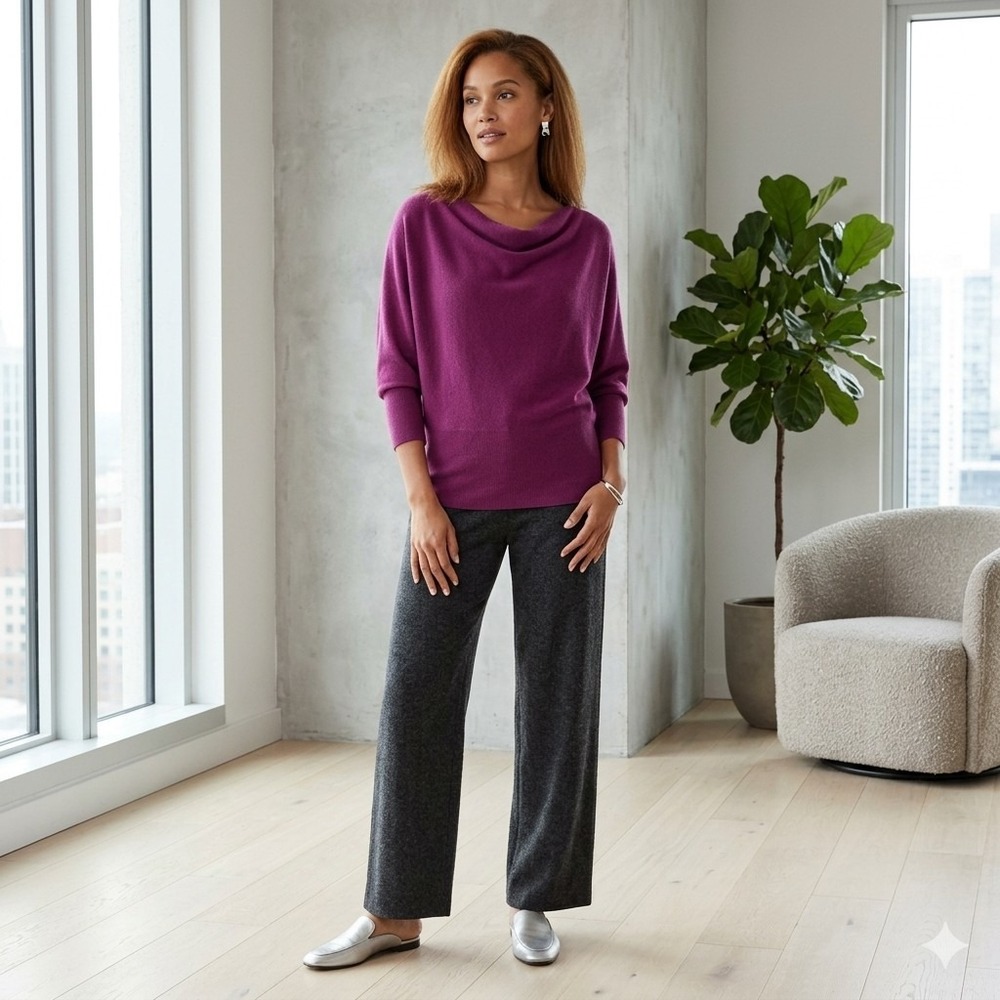 Eileen Fisher Cashmere Cowl Neck Sweater Purple Size Small Batwing Cozy Luxury